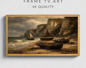 Vintage Coastal Fishing Boats Art, Samsung Frame TV Art, Moody Seascape Oil Painting, Cliff Shore Wall Art
