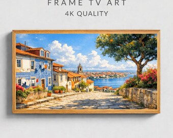 Arte del quartiere Ribeira di Porto, colorato paesaggio urbano del centro storico, vista sul Mediterraneo (download digitale 16:9)