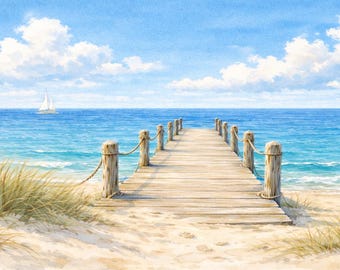 Akvarell ram för TV-konst vid kusten, väggdekoration för strandhus