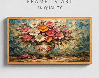 Vintage Impasto Flower Bouquet Frame TV Art 16x9, 4K Digital Download, Classic Vase Wall Art