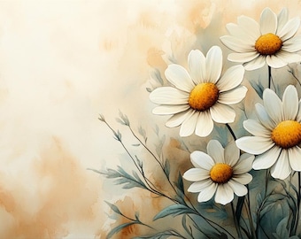 Akvarelltryck av prästkragar, beige blommig väggkonst, Cottagecore-dekor (digital nedladdning 16:9)