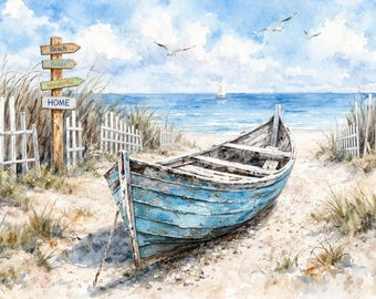 TV-konst med båtram och kuststrand | Rustik väggkonst med havsmotiv 16x9