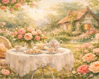 Romantisk engelsk trädgårds-TV-konst i ram, akvarell väggkonst i cottagecore, blommig tescen, mors dag-present,