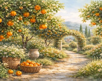 Medelhavsinspirerad apelsinlund med TV-bild 16:9, digital nedladdning av landskap,