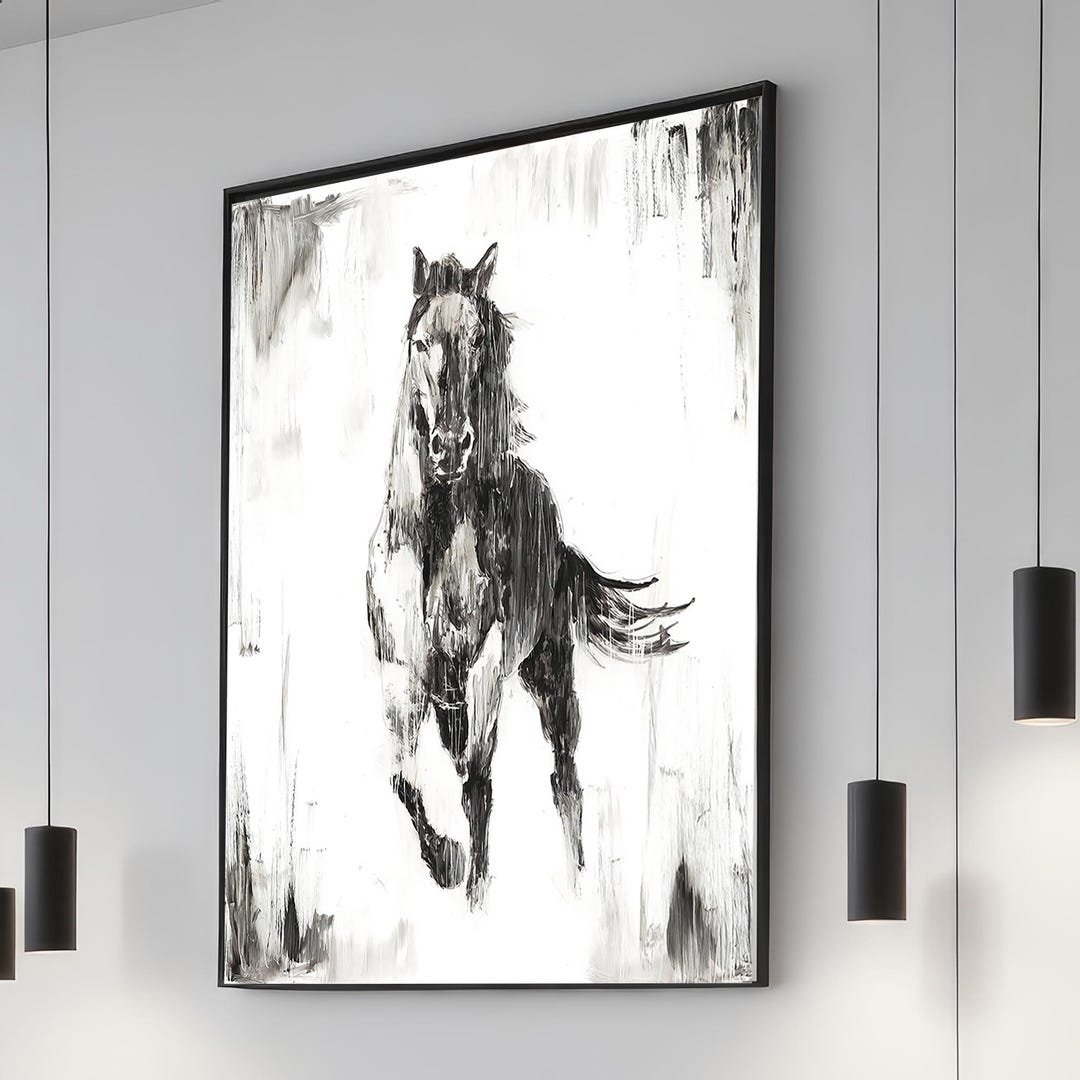 Black and White Horse Print on Canvas, Minimalist Monochrome Animal ...