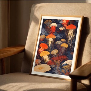 Jellyfish Framed Wall Art, Vintage Ocean Print, Deep Sea Marine Poster, Coastal Decor, Aesthetic Wall Art, Gift for Ocean Lovers