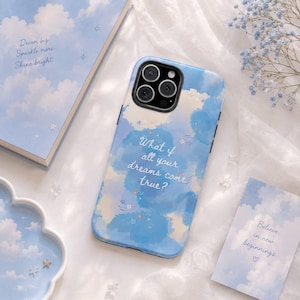 Funda para teléfono con diseño de nubes en acuarela azul y cita inspiradora sobre el cielo (iPhone y Samsung)