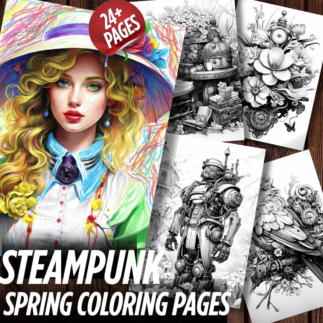Steampunk Spring Coloring Book | Victorian Fantasy, Gears (PDF) - Etsy
