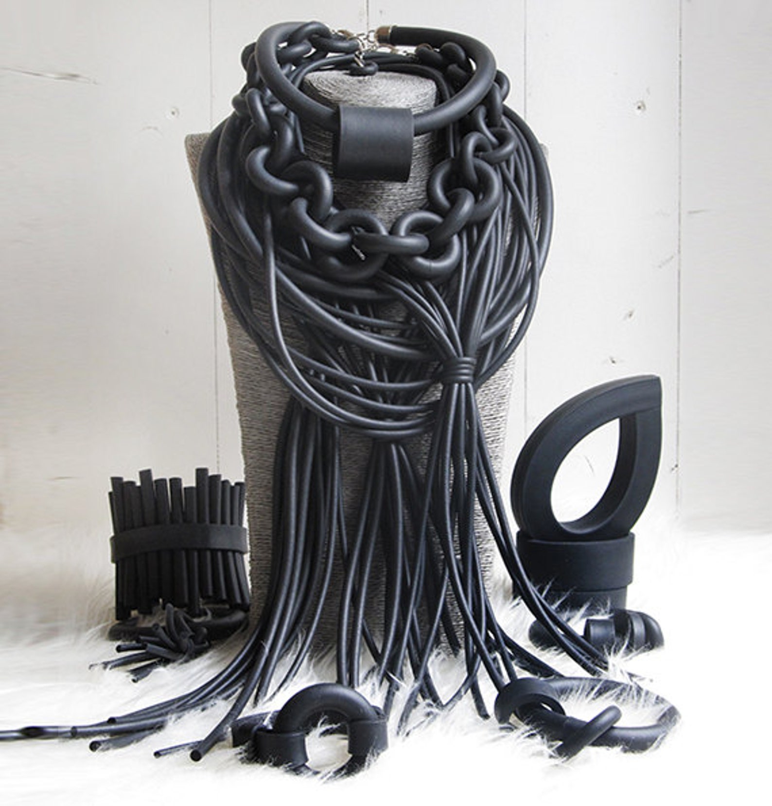 Black Rubber Necklace, Fashion Necklace, Strips Necklace, Designers
