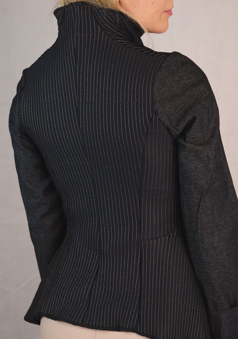 Waisted jacket, dark blue elegant Jacket, interestingly stitched stretch denim image 6