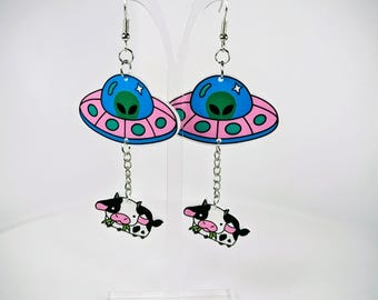 Cartoon UFO & Cow Acrylic Dangle Earrings – Alien Abduction Fun Jewellery, Quirky Gift