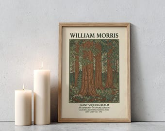Giant Sequoia Realm Poster - Arts and Crafts Line Art, Brown and Green