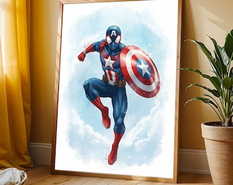 Captain America Art Print – Comic Style Superhero, Kids Room Decor