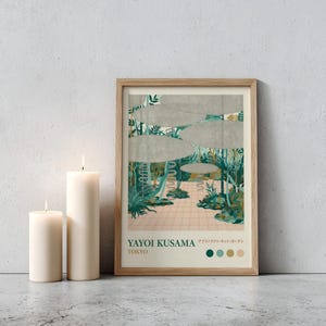 May include: A framed art print featuring a garden scene with large, mushroom-shaped structures and lush greenery. The print includes the text "YAYOI KUSAMA TOKYO" in a minimalist style, with a color palette of greens, beige, and gray.