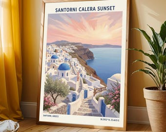 Impresión en gouache del atardecer en Santorini – Arte costero de las islas griegas