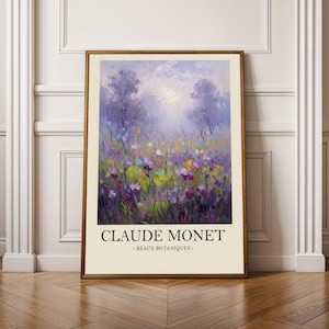 Könnte beinhalten: Ein gerahmter Kunstdruck mit einem lebendigen impressionistischen Landschaftsgemälde. Das Kunstwerk zeigt ein Feld bunter Wildblumen in Lila-, Gelb- und Rosatönen, mit Bäumen und einem weichen, dunstigen Himmel. Der Druck enthält den Text "CLAUDE MONET - BEAUX BOTANIQUES -."