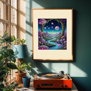 Puede incluir: Una impresión artística enmarcada que presenta un paisaje fantástico con setas moradas, un río y esferas flotantes. La obra de arte está enmarcada en un marco dorado. Un tocadiscos rojo se encuentra debajo.