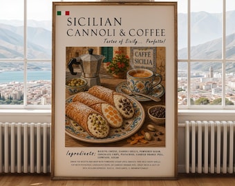 May include: A framed print featuring Sicilian cannoli and coffee. The image showcases a plate of cannoli with various fillings, a cup of coffee, and a coffee maker. The text on the print reads "Sicilian Cannoli & Coffee" and "Caffè Sicilia."