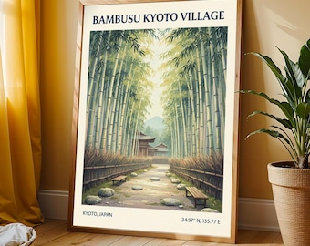 May include: A framed art print featuring a serene bamboo forest scene in Kyoto, Japan. The artwork displays a path leading through tall bamboo stalks, with benches and a traditional building in the distance. The text "Bambusu Kyoto Village" is at the top.