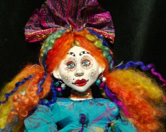 ooak art doll, green eyes, rainbow  hair, unique, handmade, clown doll girl, weird art, funny art, doll lover