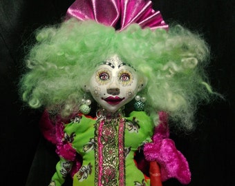 Doll, art, unique, collector's item, green hair, single piece, Hamburg, plastic, theater, handmade, curls, pink green