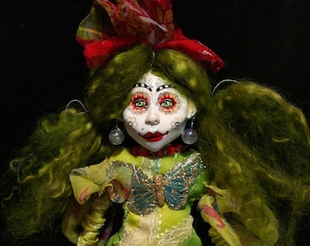 ooak art doll, green hair, unique, handmade, clown doll girl, weird art, funny art, doll lover