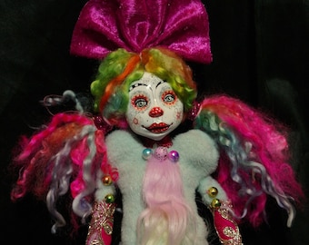 ooak art doll, green eyes, rainbow  hair, unique, handmade, clown doll girl, weird art, funny art, doll lover