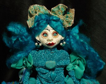 ooak art doll, glitter dress, green hair, unique, handmade, clown doll girl, weird art, funny art, doll lover