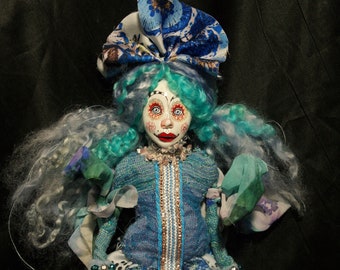 ooak art doll, locks,  unique, handmade, clown doll girl, blue hair, trend