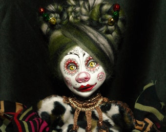 ooak art doll, green hair, unique, handmade, clown doll girl, weird art, funny art, doll lover