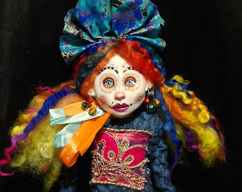 ooak art doll, blue eyes, unique, handmade, clown doll girl, weird art, funny art, doll lover