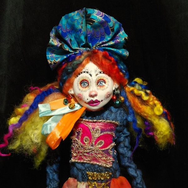 ooak art doll, blue eyes, unique, handmade, clown doll girl, weird art, funny art, doll lover