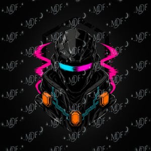Könnte beinhalten: Eine digitale Illustration einer futuristischen Figur mit Helm in schwarzer Rüstung. Das Visier leuchtet mit horizontalen cyan- und magentafarbenen Lichtbalken. Drei orangefarbene rechteckige Edelsteine auf der Brust sind durch blaue Linien verbunden.