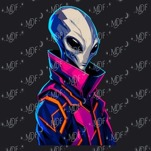 May include: A digital illustration of an extraterrestrial figure with a pale, elongated head and large, dark, almond-shaped eyes. The figure wears a high-collared jacket featuring vibrant neon pink and orange geometric accents on a dark blue base.