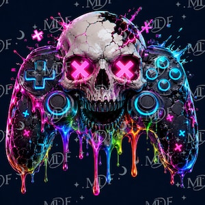 May include: A black video game controller integrated with a cracked human skull featuring glowing pink X-shaped eyes. The design includes vibrant rainbow-colored liquid paint dripping from the base, accented by neon pink and blue cross symbols.