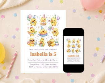 May include: A birthday invitation card and a smartphone displaying the same design, featuring nine illustrations of yellow ducklings with party hats, balloons, and gifts. The text reads: Let's crawl, climb, and celebrate! Isabella is 5, Saturday, February 28 at 4:30 p.m., The Millers, 123 Street Address, RSVP to Michael at 123.456.7890.