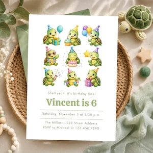 May include: A white rectangular birthday invitation card featuring nine illustrations of green turtles wearing party hats, balloons, gifts, and cake. The text reads: Shell yeah, it's birthday time! Vincent is 6, Saturday, November 5 at 4:30 p.m., The Millers - 123 Street Address, RSVP to Michael at 123.456.7890.