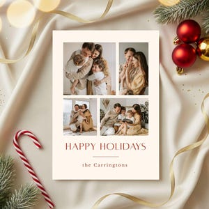 May include: A holiday card with four family photos, the words "HAPPY HOLIDAYS" in red, and the family name "the Carringtons." The card is surrounded by festive decorations, including red and gold ornaments, candy canes, and greenery.