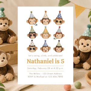 Peut inclure: Une carte d'invitation d'anniversaire rectangulaire avec neuf illustrations d'aquarelle de singes portant des chapeaux de fête colorés. Le texte indique : Let's swing, climb, and celebrate! Nathaniel is 5, Saturday, February 28 at 4:30 p.m., The Millers - 123 Street Address, RSVP to Michael at 123.456.7890.