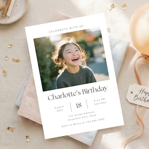 May include: A birthday invitation with a photo of a smiling child. The invitation reads "Charlotte's Birthday" with event details. A peach balloon and a tag that says "Happy Birthday" are also present.