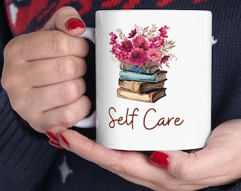 Floral Book Stack Coffee Mug, Self Care Gift
