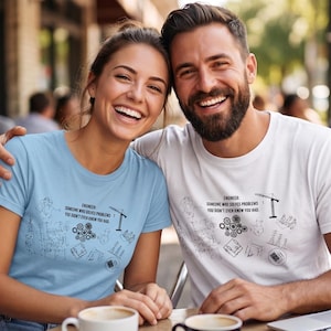 May include: A light blue t-shirt and a white t-shirt, both featuring a black graphic print that includes a crane, gears, and the text: Engineer: Someone who solves problems you didn't even know you had. The shirts have short sleeves and crew necklines.
