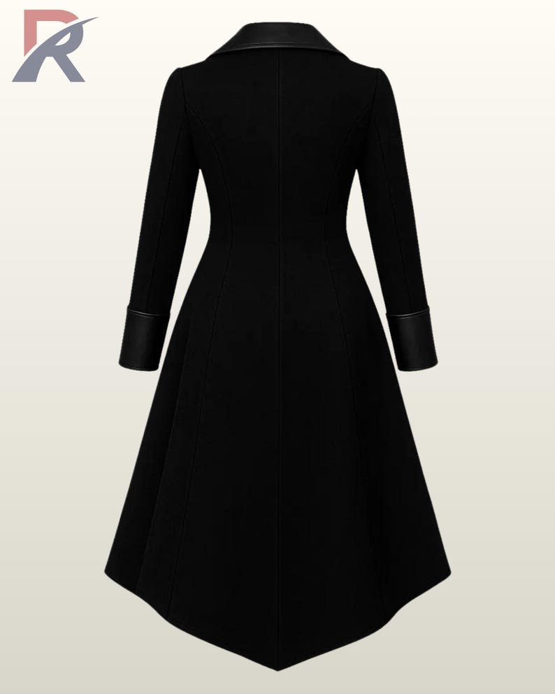 May include: A long black coat with a flared skirt, leather collar, and leather cuffs. The coat has a tailored fit and a classic design. The coat is a stylish outerwear garment.