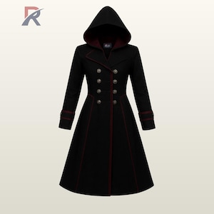 May include: A black hooded coat with a double-breasted front and red trim. The coat features a flared skirt, gold-colored buttons, and a hood with a burgundy lining. The coat has long sleeves and a tailored fit.
