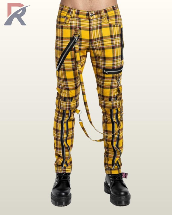 Yellow Plaid Punk Pants | Bondage Straps, Zippers, Tartan Trousers