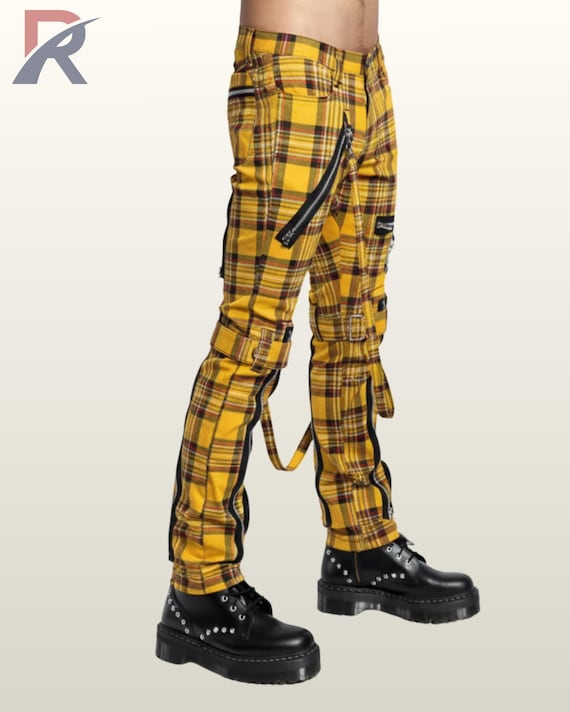 Yellow Plaid Punk Pants | Bondage Straps, Zippers, Tartan Trousers