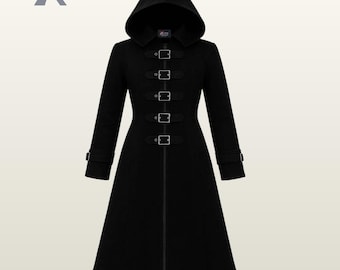Long Black Hooded Trench Coat | Women's Gothic Winter Jacket | Medieval Vampire Witch Cosplay