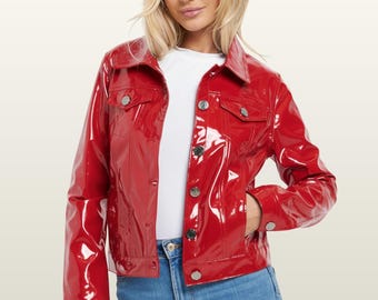 Shiny Vinyl Trucker Jacket, Faux Patent Leather, Edgy Festival Coat