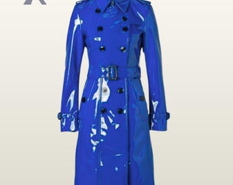 PVC Trench Coat Women Double Breasted Jacket, Glossy Belted Rain Coat, Shiny Fashion Outerwear