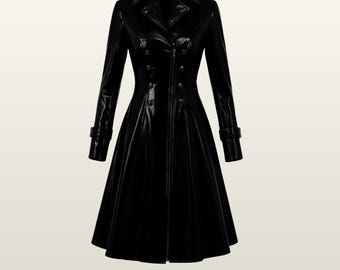 Black PVC Vinyl Coat Women Gothic Patent Leather Trench Jacket Wet Look Dress Fetish